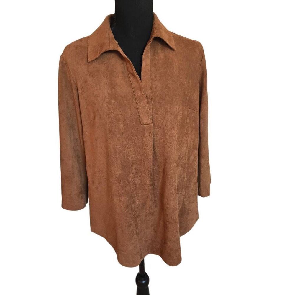 Alberto Makali Womens Half Button Collared Stretch Blouse Tan Small